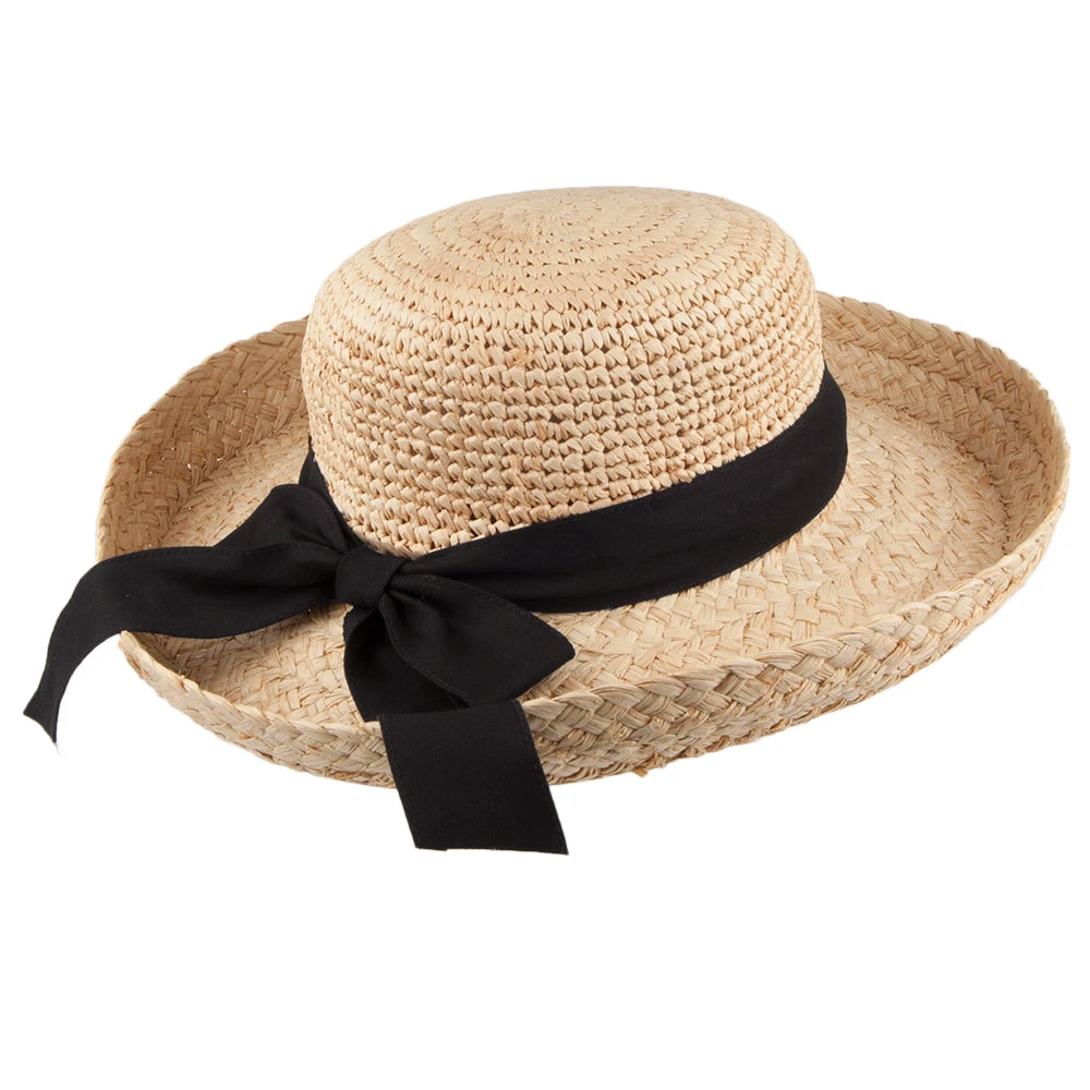 Scala Hats Crocheted Organic Raffia Straw Sun Hat With Black Band - Natural