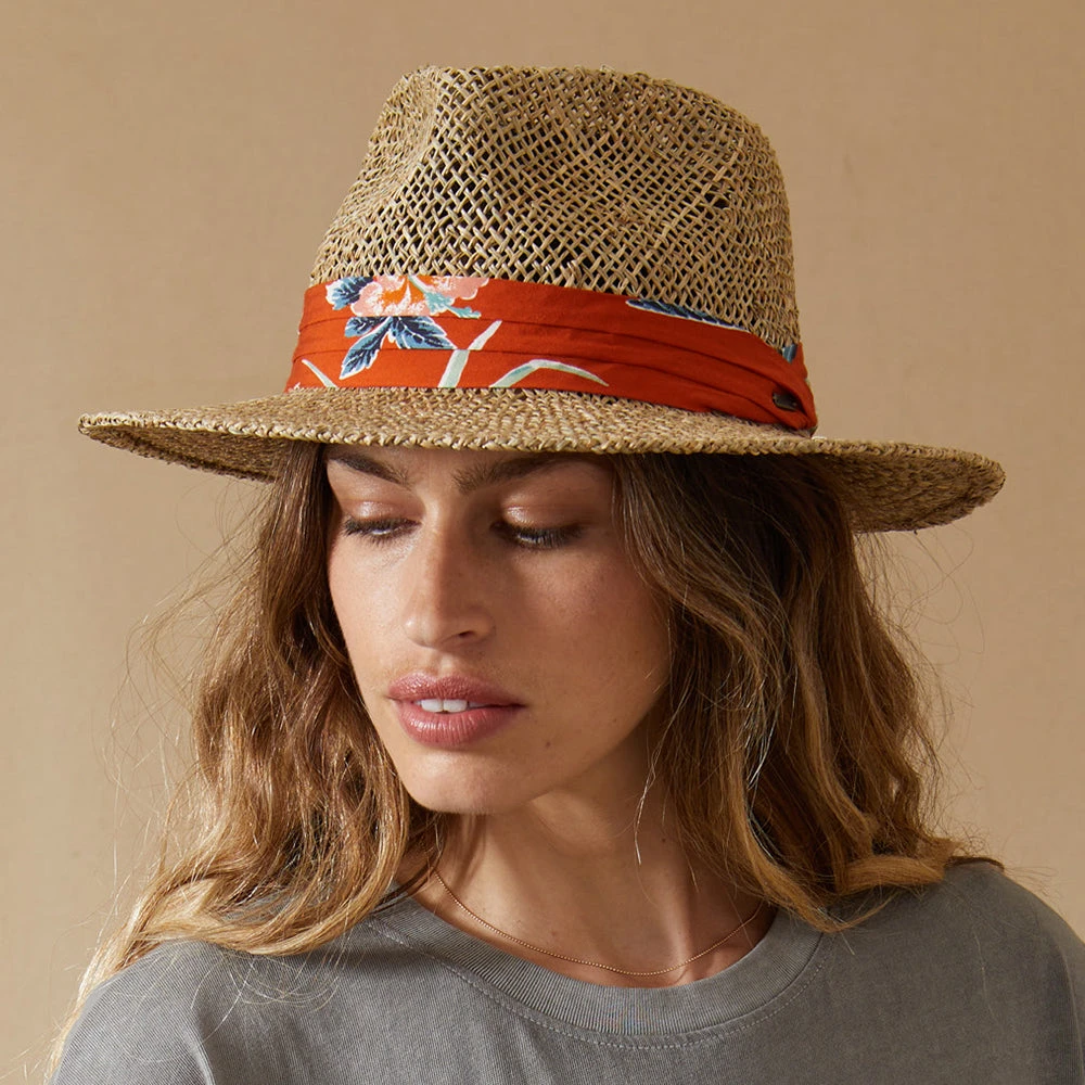 Brixton Hats Aloha Seagrass Straw Fedora Hat - Natural-Orange - Image 8