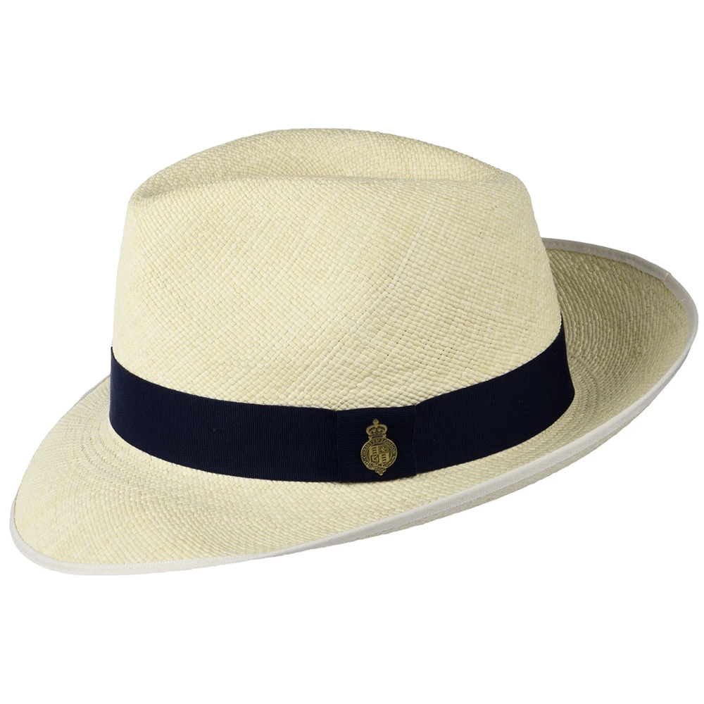 Christys Hats Classic Preset Panama Fedora Hat With Navy Band - Semi-Bleached - Image 2
