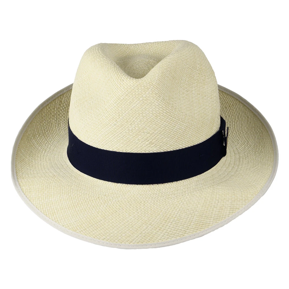 Christys Hats Classic Preset Panama Fedora Hat With Navy Band - Semi-Bleached - Image 3