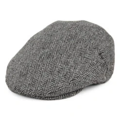 Jaxon & James Harris Tweed Herringbone Kinloch Flat Cap - Black-Grey