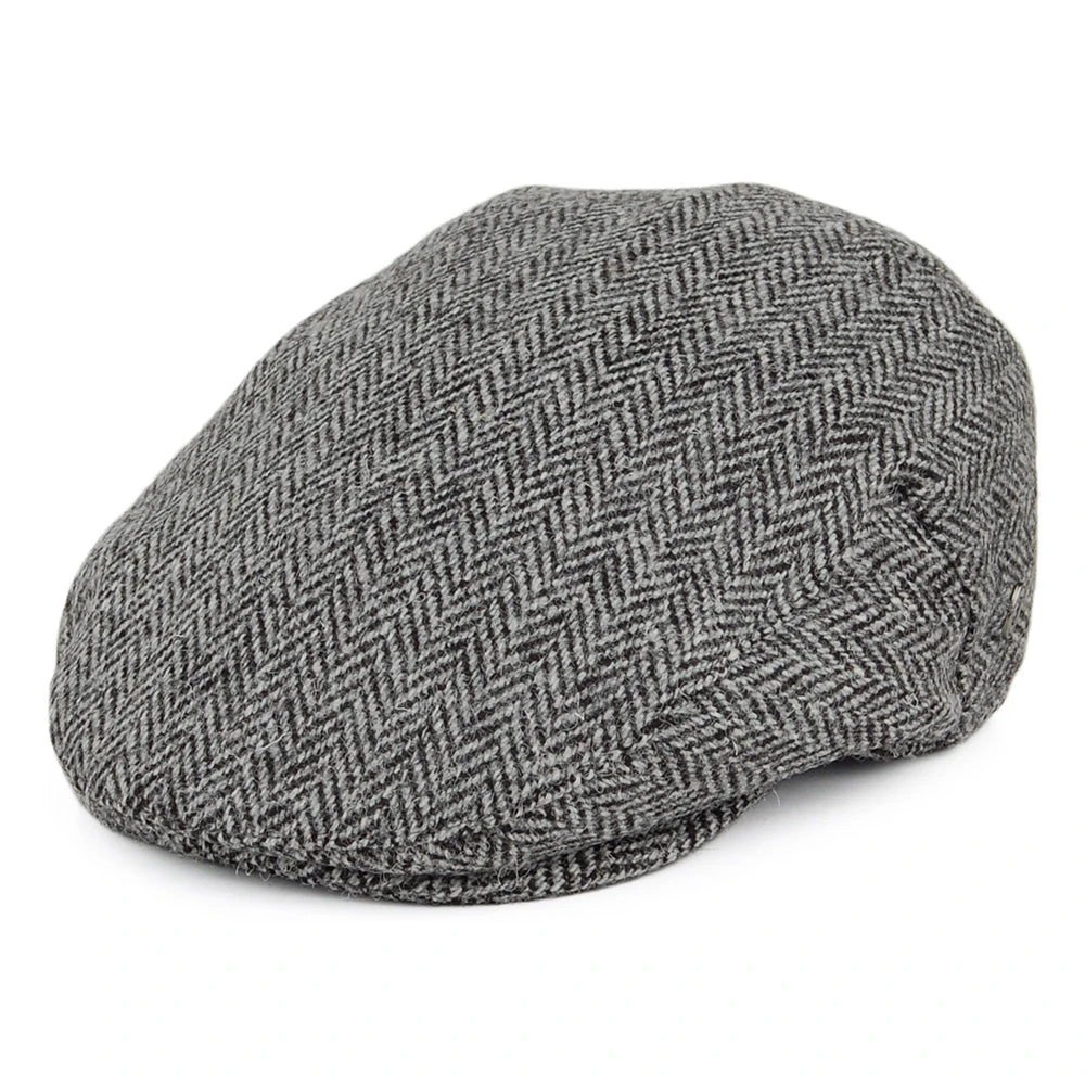 Jaxon & James Harris Tweed Herringbone Kinloch Flat Cap - Black-Grey