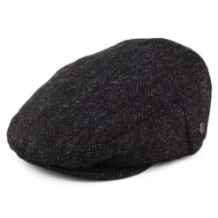 Jaxon & James Harris Tweed Herringbone Dunvegan Flat Cap - Black-Charcoal