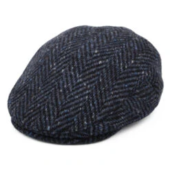 Jaxon & James Heavyweight Donegal Tweed Herringbone Dunmore Flat Cap - Navy-Black