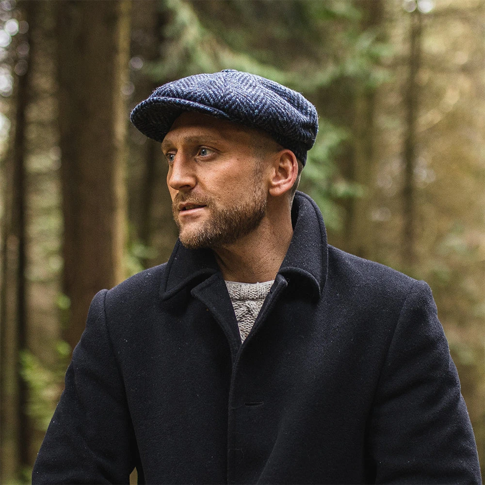 Jaxon & James Heavyweight Donegal Tweed Herringbone Pettigo Newsboy Cap - Navy-Black - Image 4
