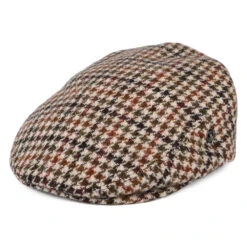 City Sport Harris Tweed Houndstooth Flat Cap - Cream-Olive-Brown