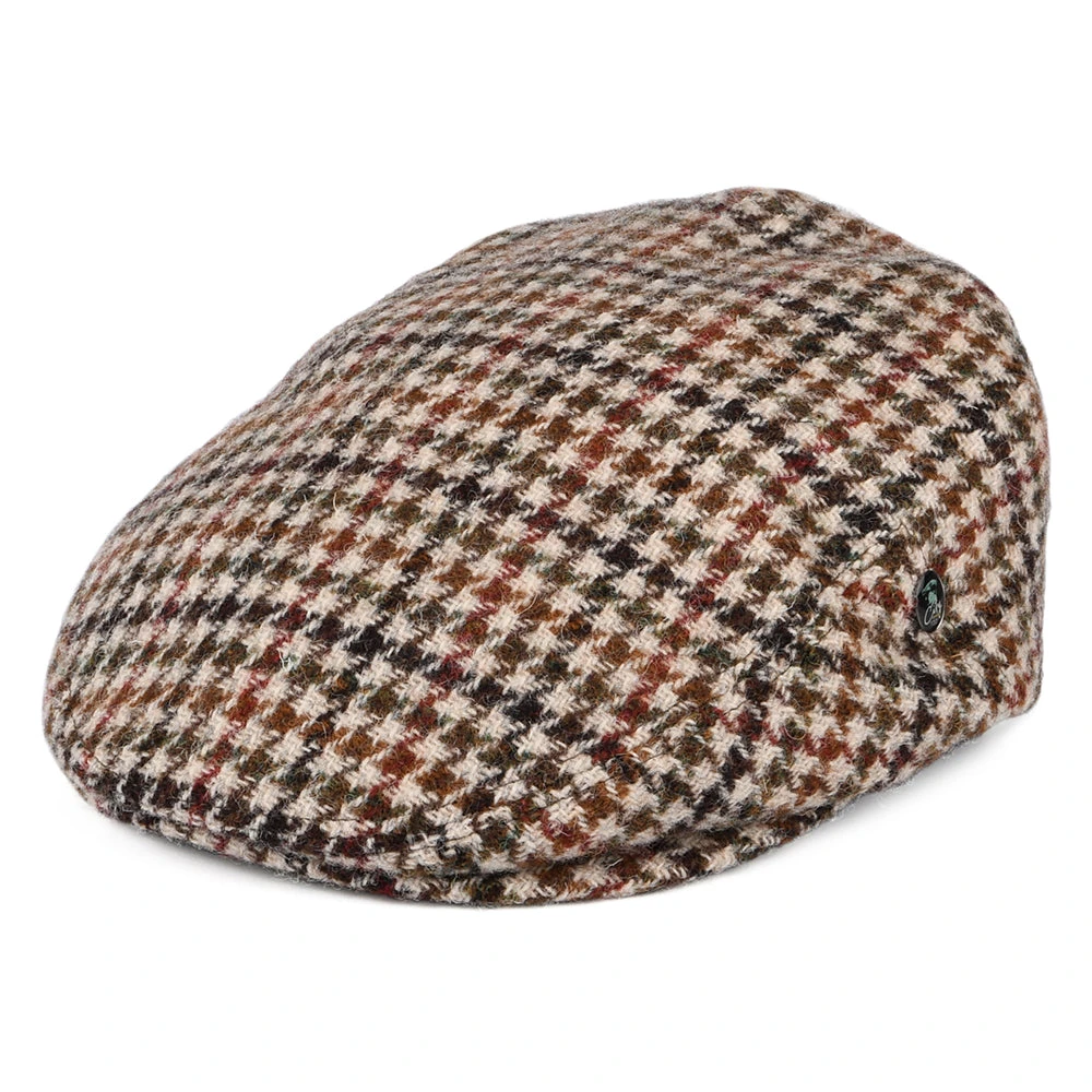 City Sport Harris Tweed Houndstooth Flat Cap - Cream-Olive-Brown