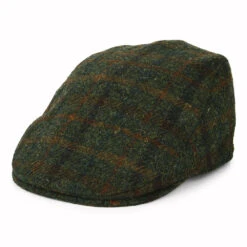 Failsworth Hats Harris Tweed Checked Oban Flat Cap With Earflaps - Olive-Rust