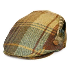Failsworth Hats British Wool Tartan Feather Flat Cap - Mustard-Brown-Wine