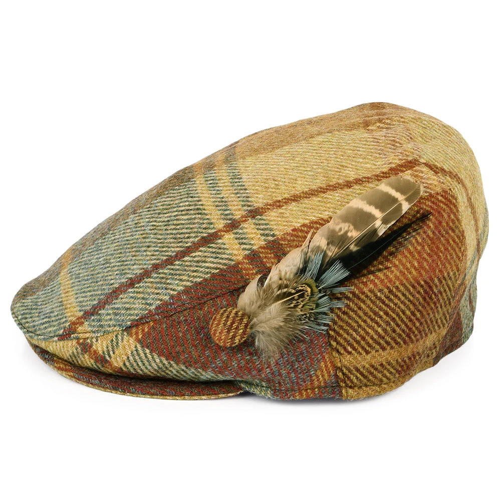 Failsworth Hats British Wool Tartan Feather Flat Cap - Mustard-Brown-Wine - Image 3