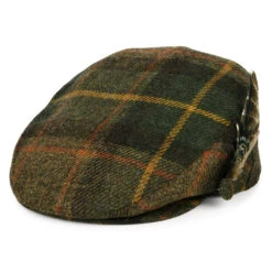 Failsworth Hats British Wool Tartan Feather Flat Cap - Green-Brown-Mustard