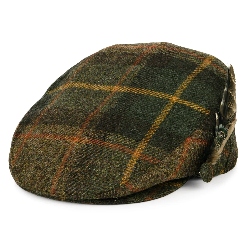 Failsworth Hats British Wool Tartan Feather Flat Cap - Green-Brown-Mustard