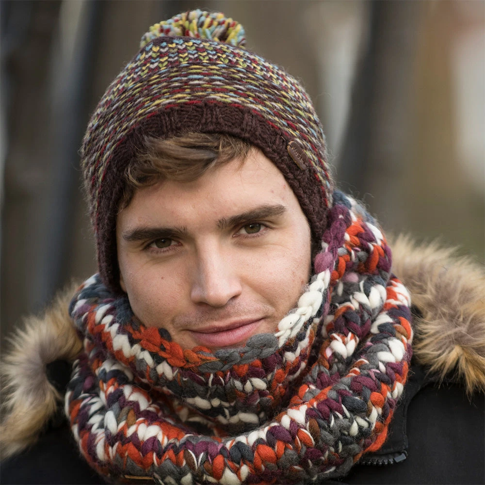 Kusan Knit Wool Bobble Hat - Brown-Yellow - Image 2