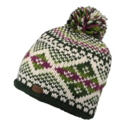 Kusan Big Diamond Fair Isle Bobble Hat - Olive-Multi