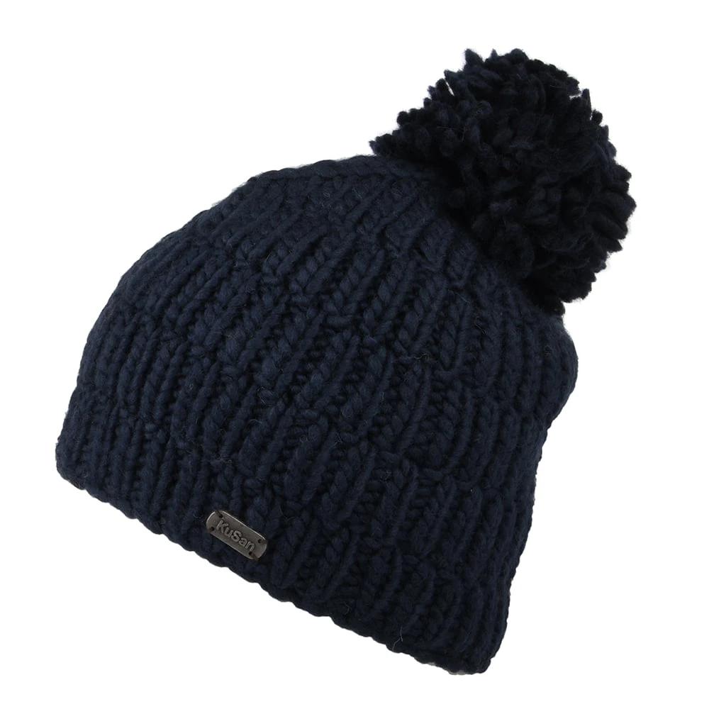 Kusan Moss Yarn Rib Cable Bobble Hat - Navy Blue