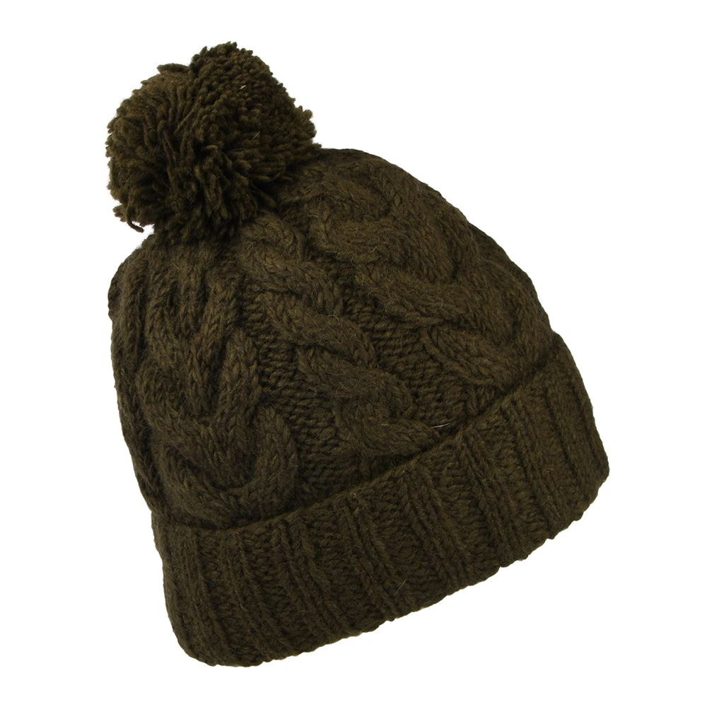 Kusan Cable Knit Turn Up Bobble Hat - Olive - Image 2