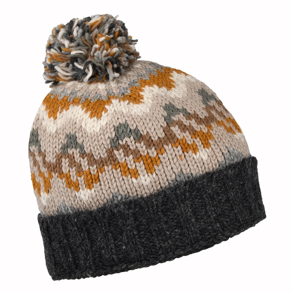 Kusan Wave Turn Up Bobble Hat - Charcoal-Grey-Mustard - Image 2